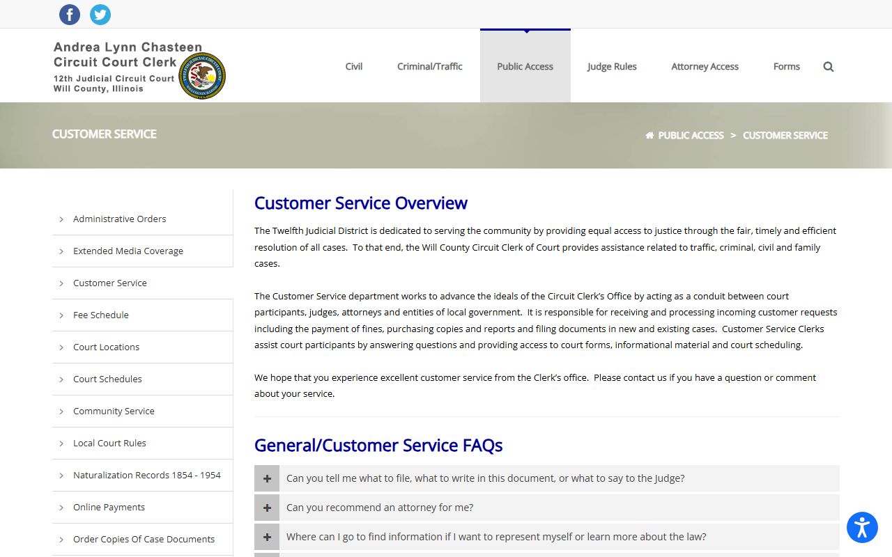 Will County Circuit Clerk customer service page for bankruptcy records