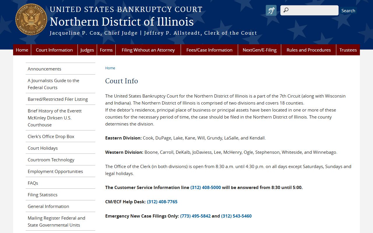 Northern District court information page for Illinois bankruptcy records