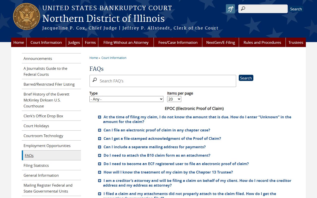 Northern District FAQ page for Illinois bankruptcy filings