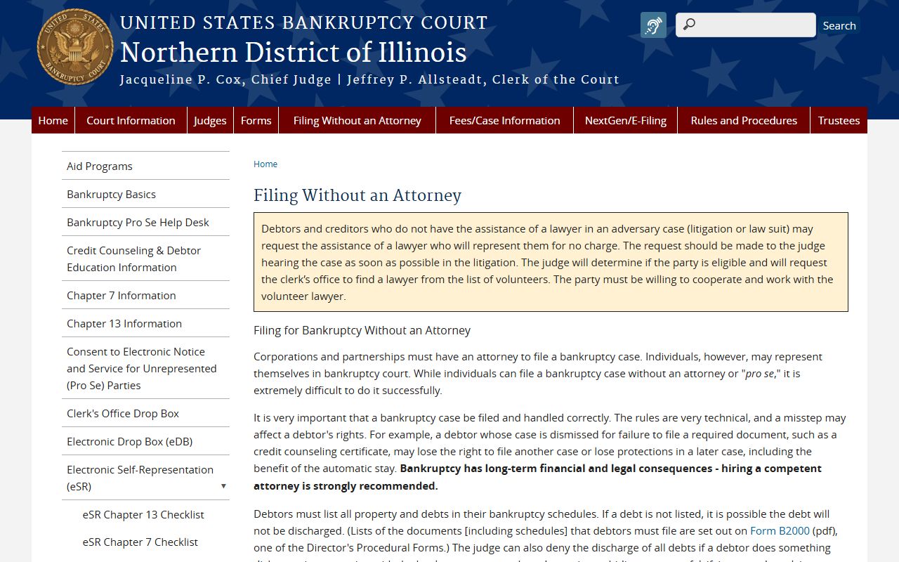 Filing bankruptcy without an attorney in Illinois